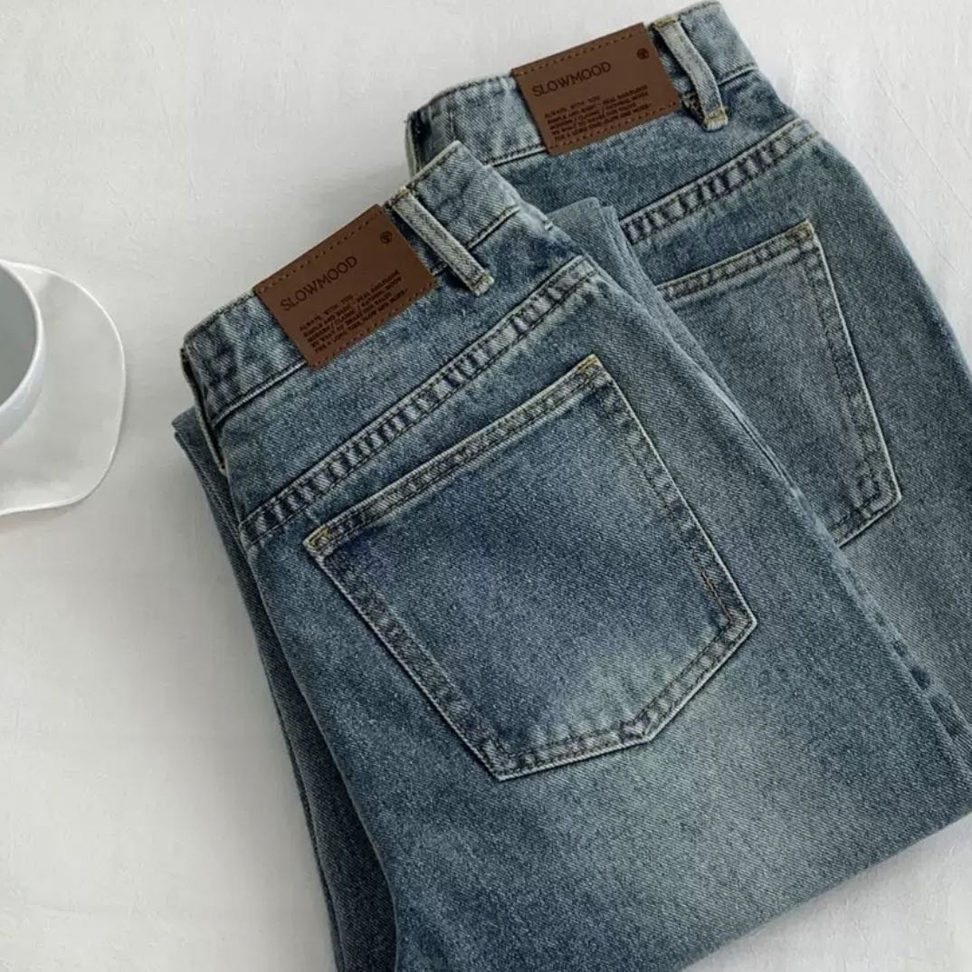 韩国发回正品牛仔裤显瘦直筒版型泛白做旧百搭高腰