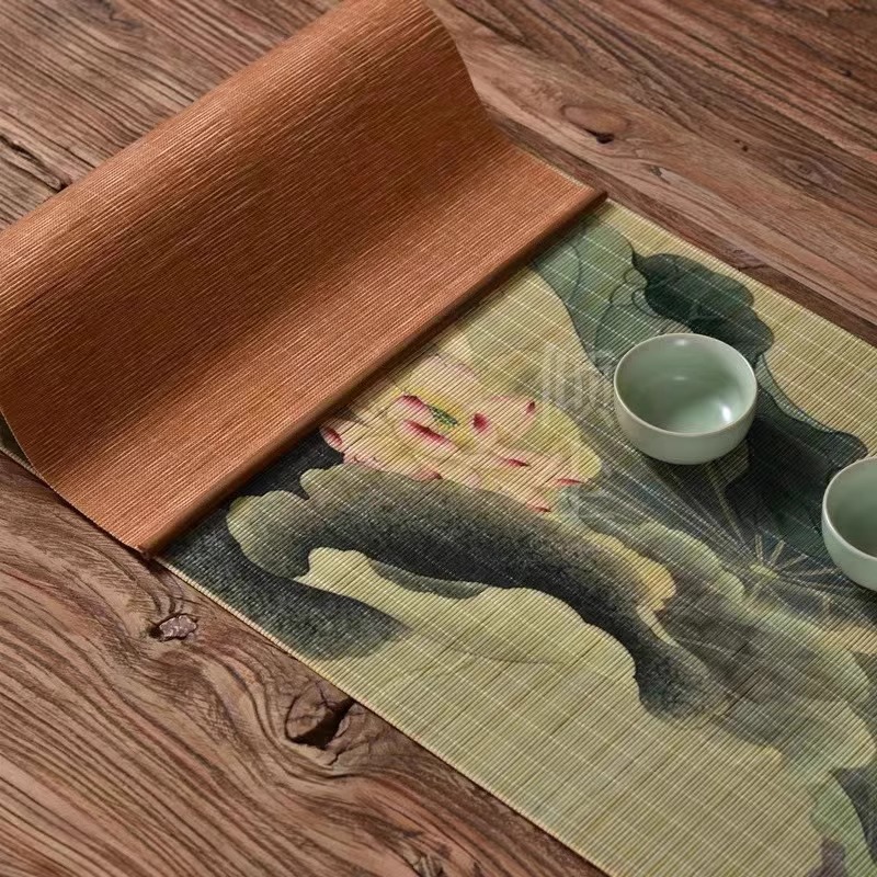 竹编茶席中式印花竹席中国风茶道茶布布垫古风家用茶桌垫茶垫