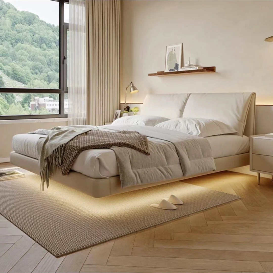 大象耳朵悬浮床双人床婚床极简实木真皮大床榻榻米现代简约轻奢