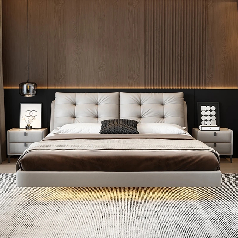 棉花糖轻奢悬浮床意式极简主卧悬空床双人大床齐边软包落地真皮床