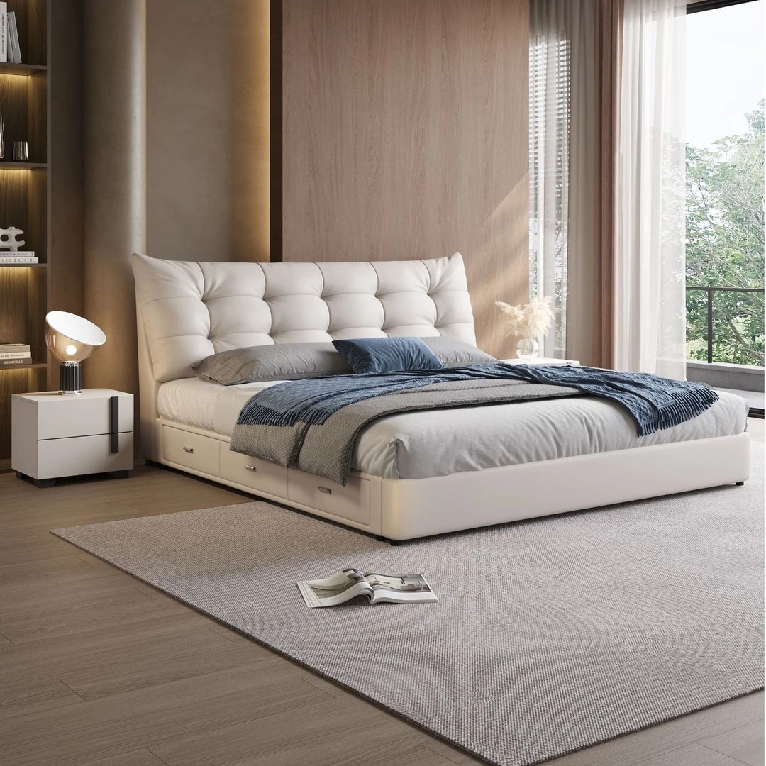 意式大黑熊真皮双人床婚床极简实木真皮大床榻榻米现代简约轻奢