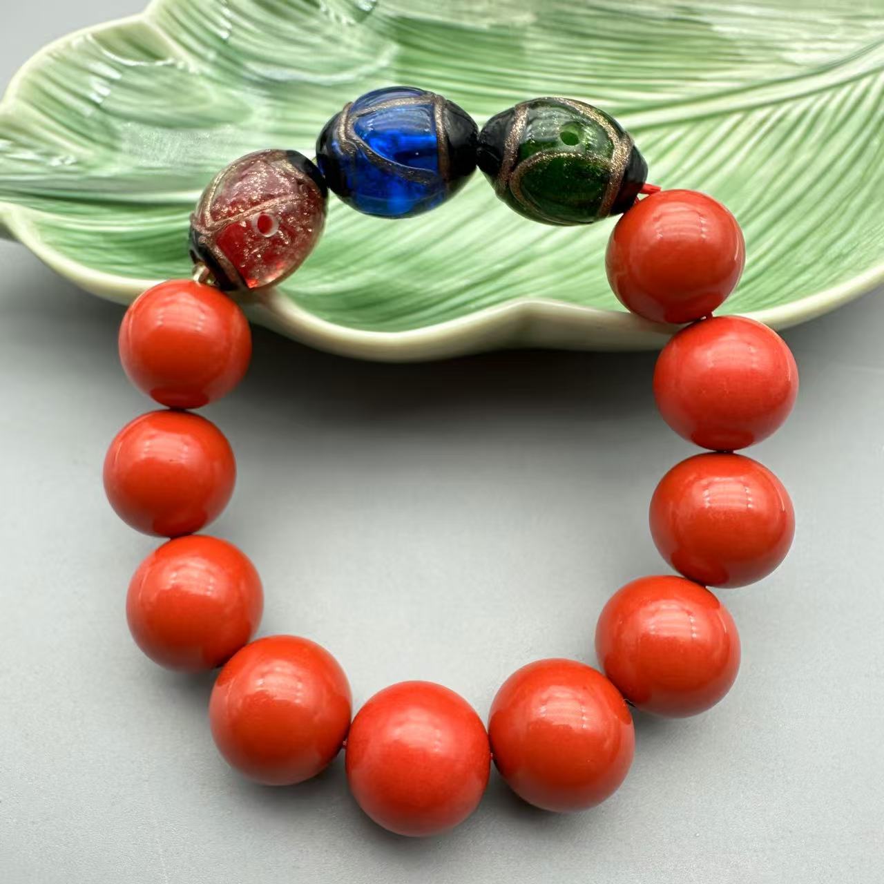含辰砂工艺品HA295-红色素珠配三色琉璃珠16mm手串