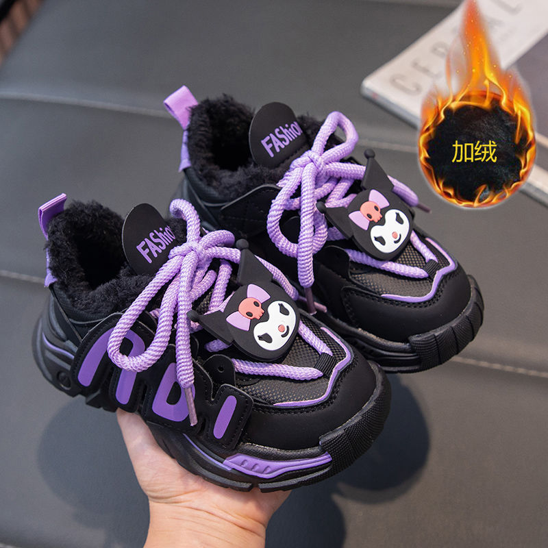 库洛米女童鞋2023秋冬新款儿童加绒保暖运动鞋女孩防水皮面跑步鞋