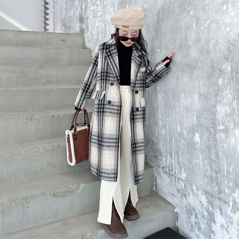 女童中长款夹棉呢子大衣冬季格子美拉德2023新款中大童加厚外套