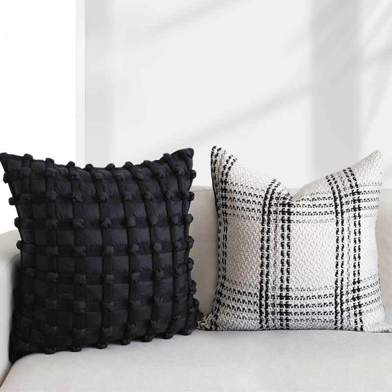 轻奢小香风样板间高级黑白格纹抱枕靠垫腰枕靠背枕抱枕套田园花舍