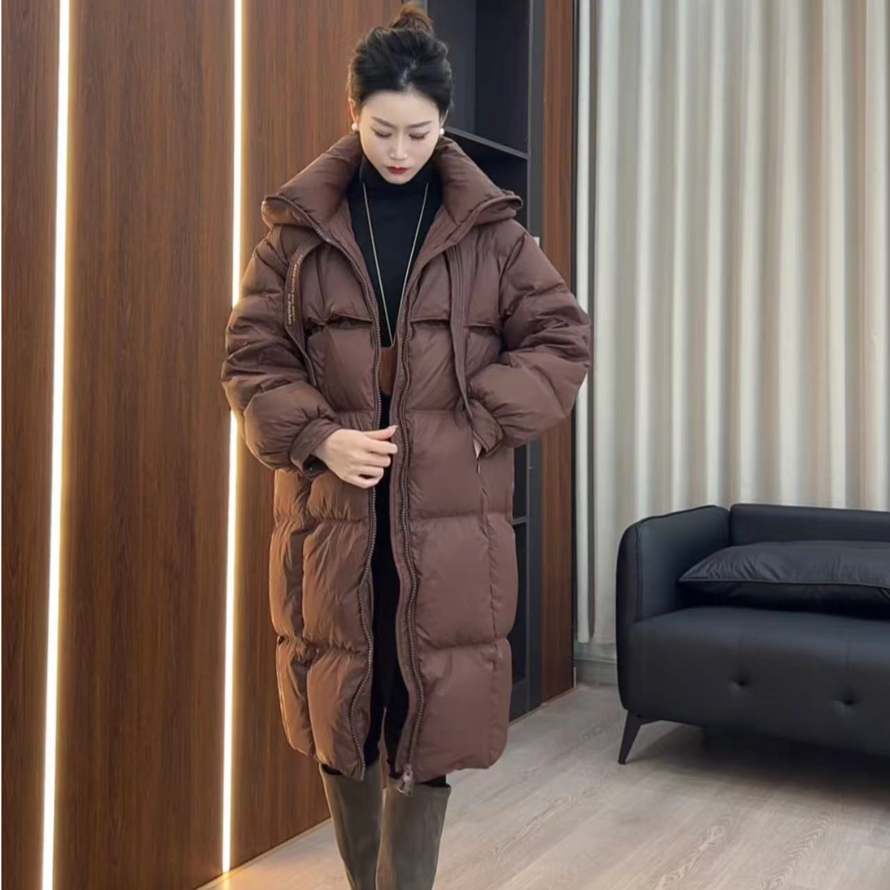 新款白鸭绒羽绒服加厚百搭长款保暖连帽飘带