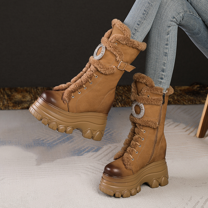 冬季小个子内增高12cm中筒牛皮雪地靴加绒保暖女靴厚底复古雪地靴