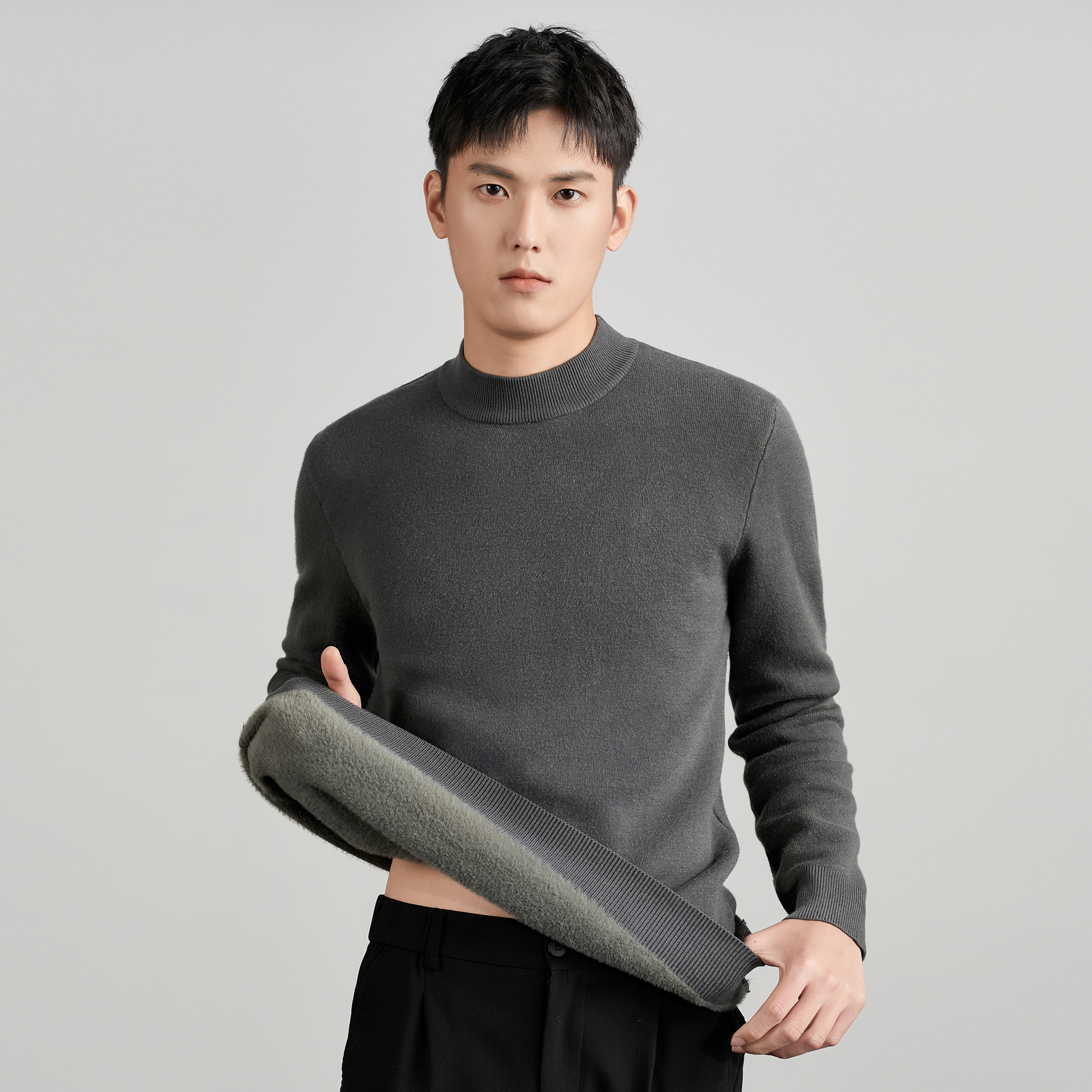 男士纯色一体绒半高领毛衣男秋冬季加绒加厚内搭针织中领打底衫潮