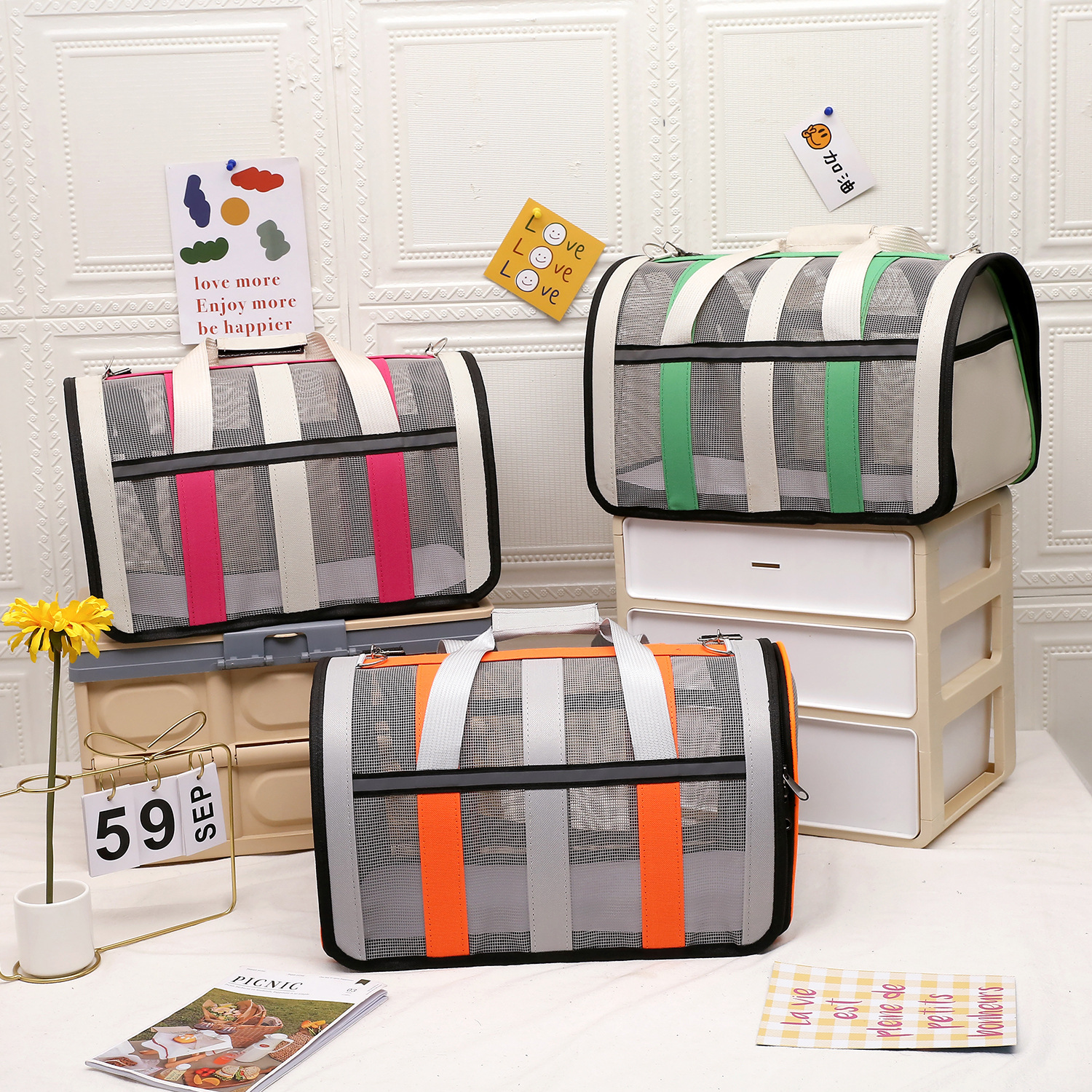 斜挎宠物透气背包大容量可折叠单肩网纱猫包外出便携手提宠物背包