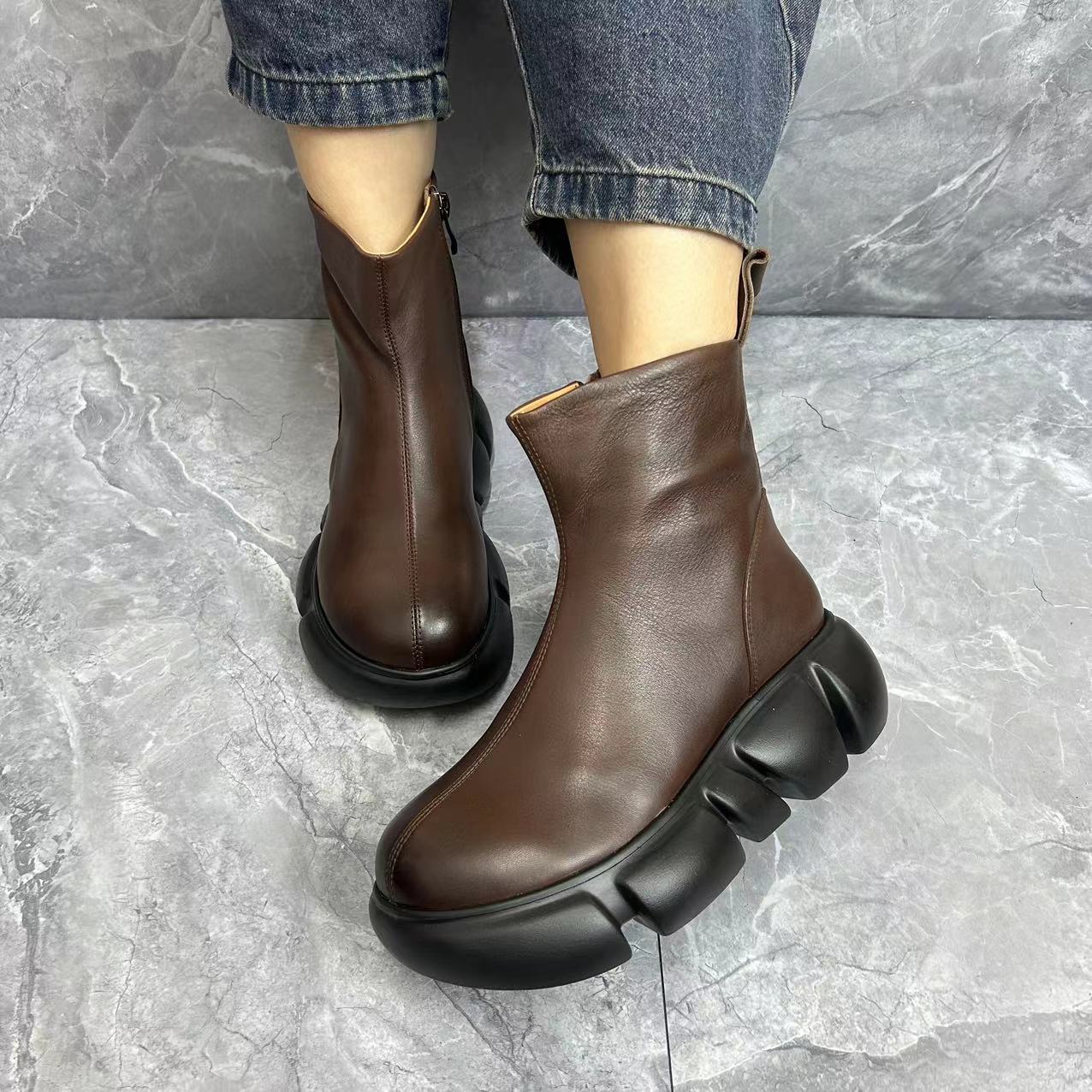 复古风舒适百搭松糕底短靴女鞋（加绒）9978时尚厚底秋冬圆头休闲