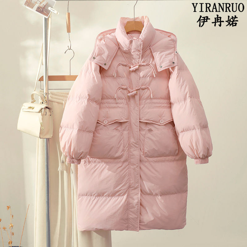 2023年新款羽绒服女中长款过膝连帽韩版加厚白鸭绒牛角扣宽松外套