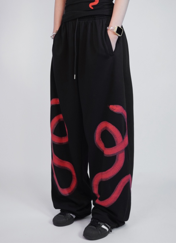 SUANS原创自制双蛇印花红色蛇数码直喷辣妹百搭直筒运动裤卫裤