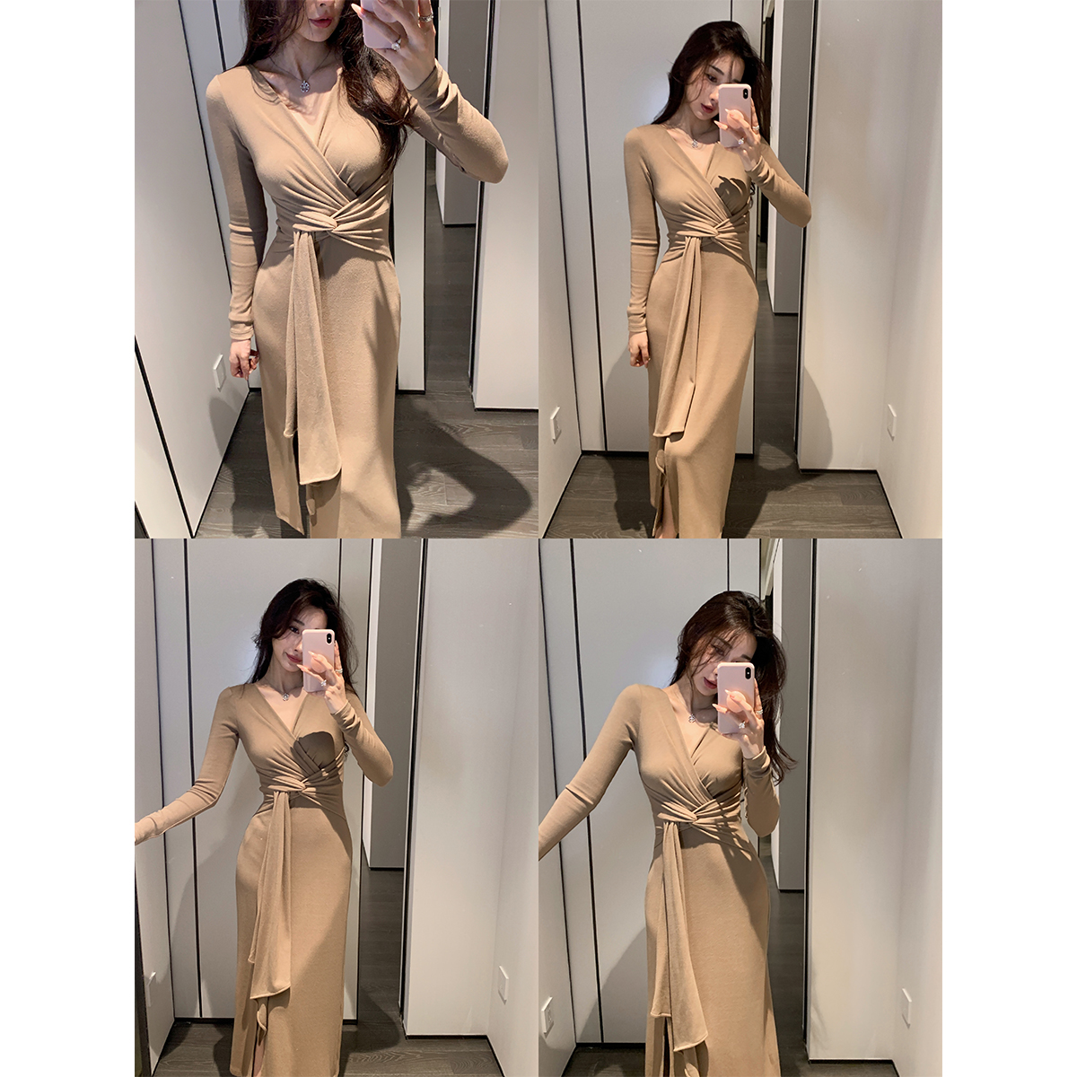 ACHI大也池◆缪斯少女~v领绑带扭结连衣裙女 