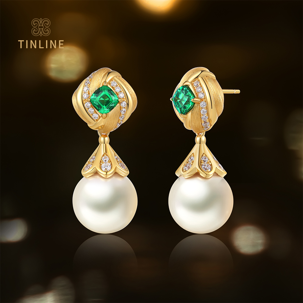 TINLINE 培育祖母绿「坠露」珍珠耳坠 布契拉提拉丝工艺 复古优雅