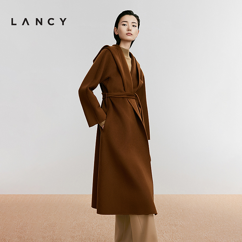 LANCY/朗姿2025秋冬新款纯羊毛连帽简约风大衣系带中长款毛呢外套