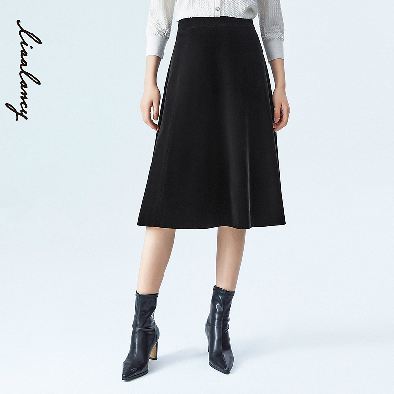 LANCY/朗姿法式A型丝绒半裙高级感气质黑色半身裙显瘦高腰时尚A字