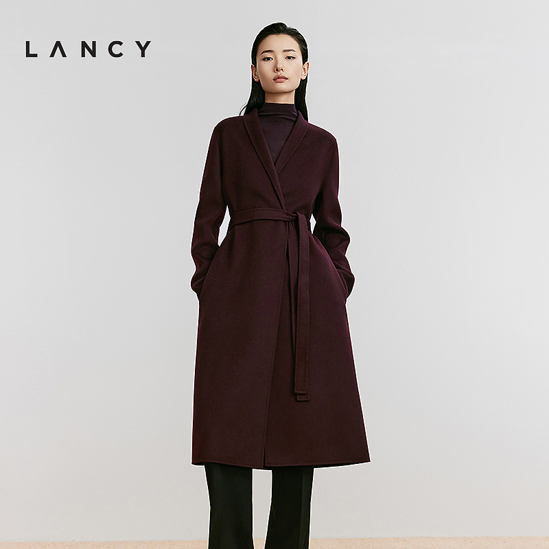 LANCY/朗姿冬季新款葡萄紫红色简约风中长款高端气质毛呢外套女