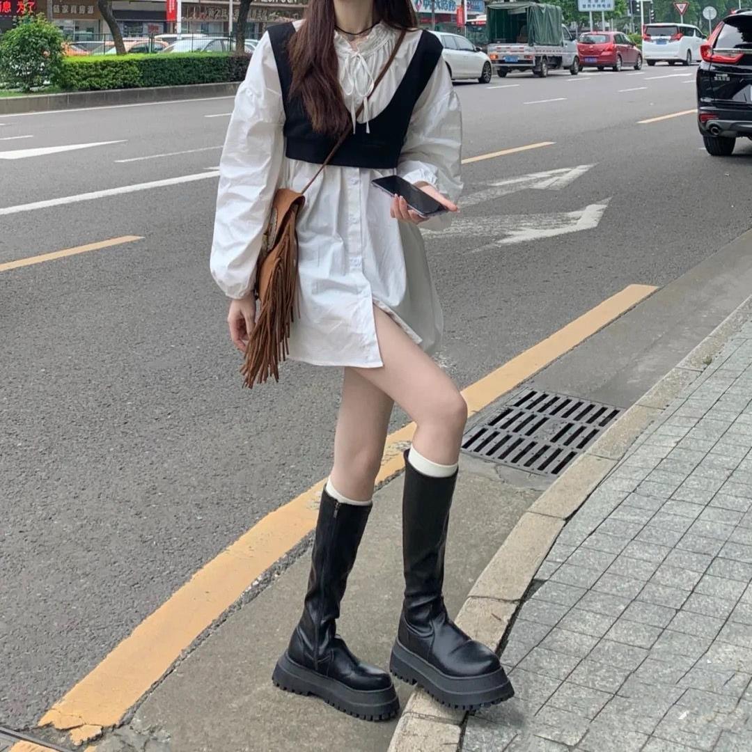 网红厚底松糕弹力靴女2023秋冬韩版新款高筒瘦瘦靴骑士长靴不掉筒