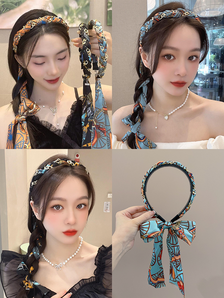 复古链条编发发箍女2023新款飘带发带绑发头箍一体系夏季发卡头饰