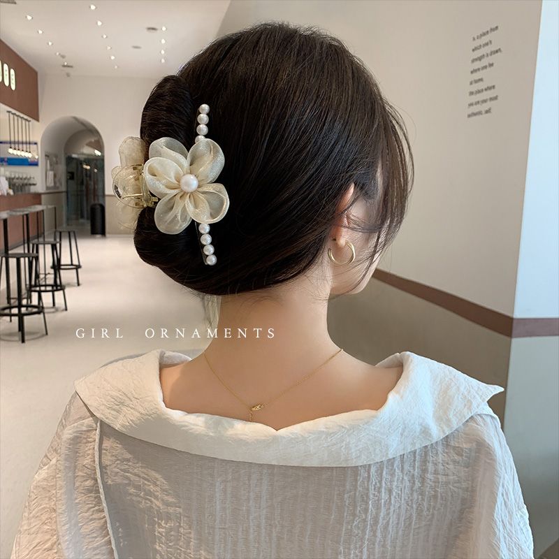 超仙圆珠花朵抓夹女后脑勺盘发夹子夏季新款鲨鱼夹韩式高级感发卡