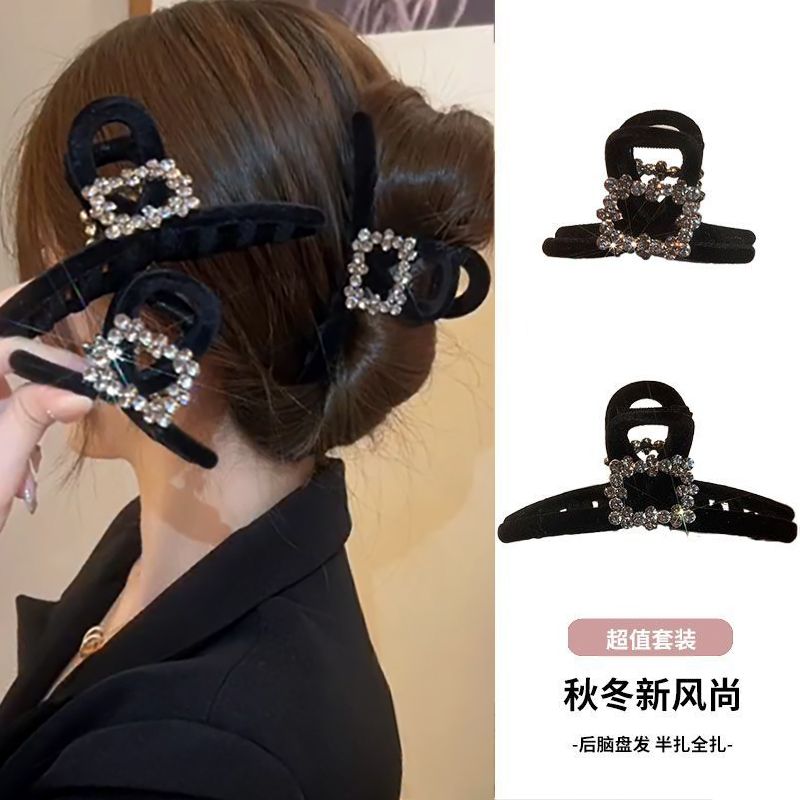 韩国东大门精致丝绒水钻抓夹女后脑勺半扎发鲨鱼夹子发夹秋冬发卡