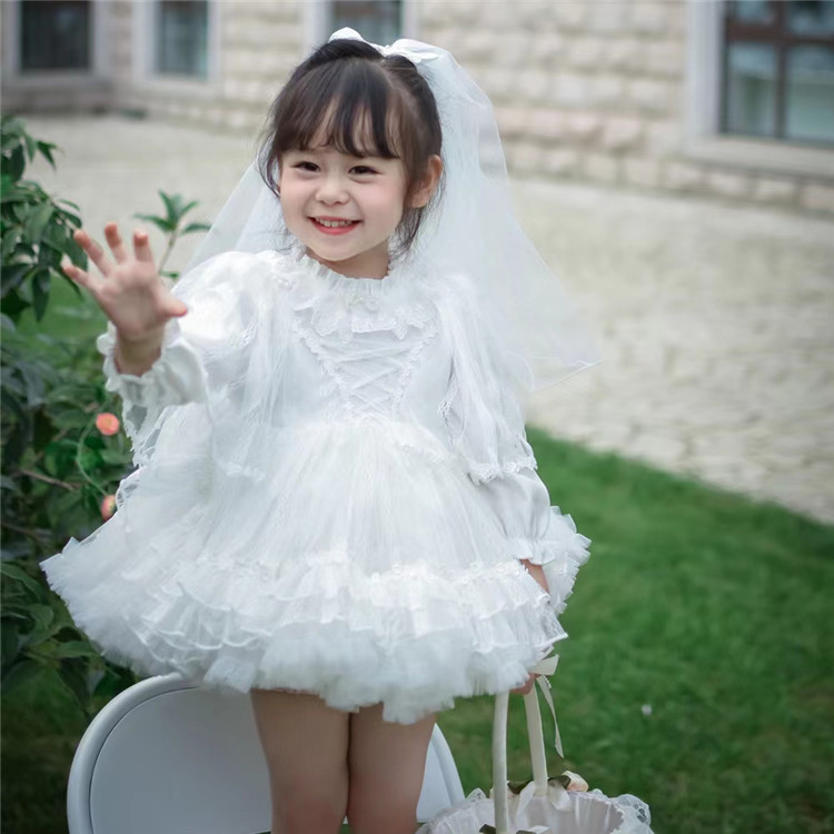 女童白色婚纱连衣裙春秋加绒周岁生日花童礼服洛丽塔公主蓬蓬裙