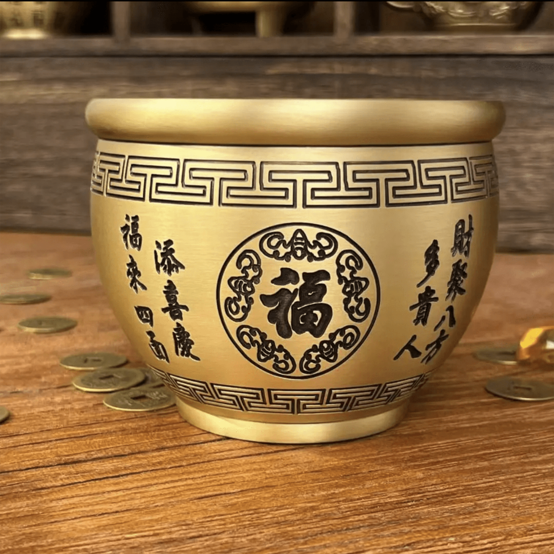 精品黄铜家居办公室店铺摆件渔人对联黄铜八宝缸装饰摆件