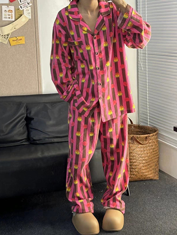 【Pink GIrl】ins高级感条纹睡衣女秋冬季简约宽松可外穿家居服套装