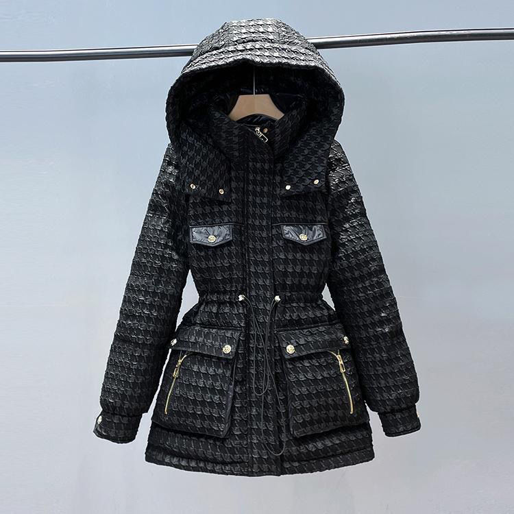 黎久新款小香风羽绒服女中长款2023年冬新款小个子收腰连帽羽绒