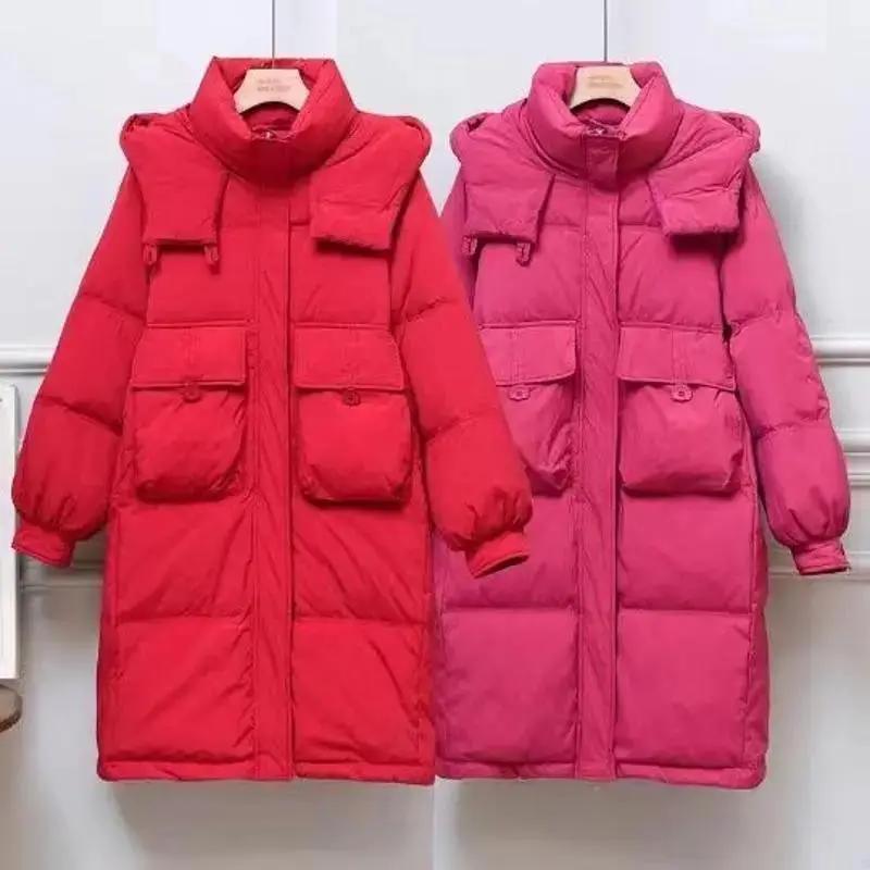 反季羽绒服女2023冬装新款韩版宽松中长款连帽加厚收腰白鸭绒外套