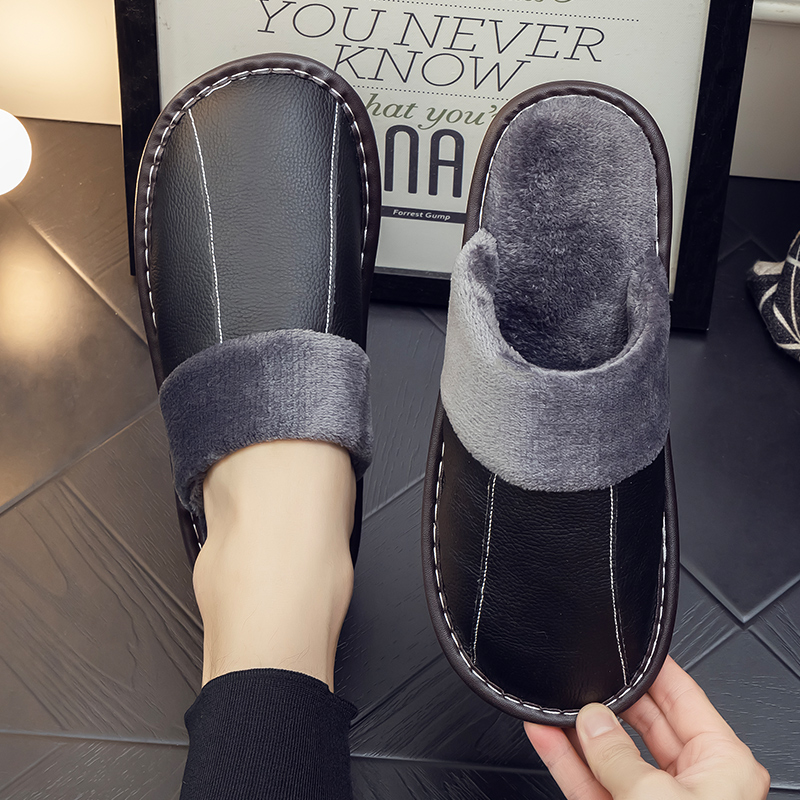 海宁真皮面棉拖鞋秋冬保暖居家室内男女厚底防水防滑牛皮托鞋家用