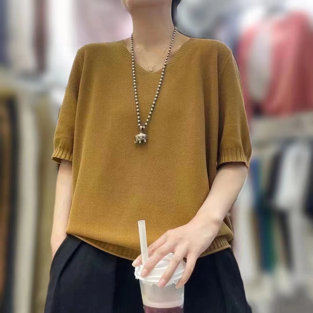 早秋新款宽松韩版气质休闲百搭纯色时尚显瘦套头女圆领中袖简约