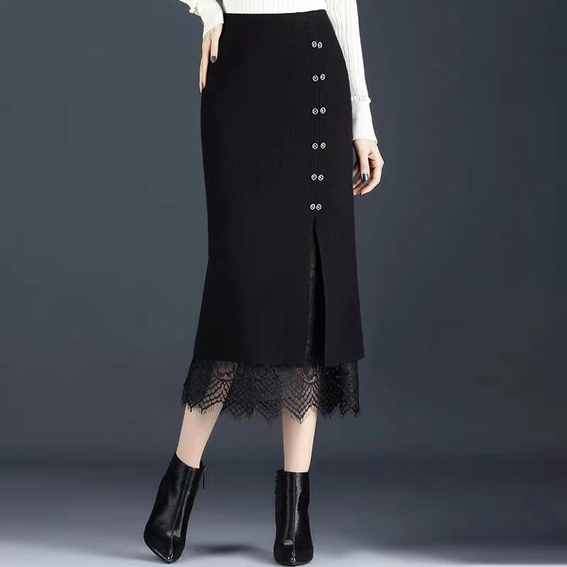 【听恋】秋冬新款中高腰蕾丝显瘦中长裙包臀裙
