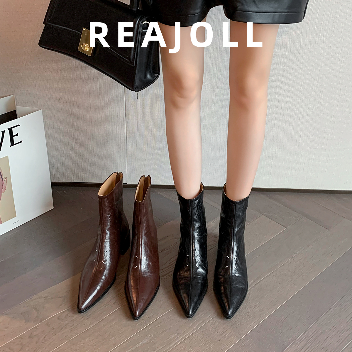 REAJOLL 马丁靴复古真皮棕色秋冬英伦风靴子尖头粗跟秋冬爆款短靴