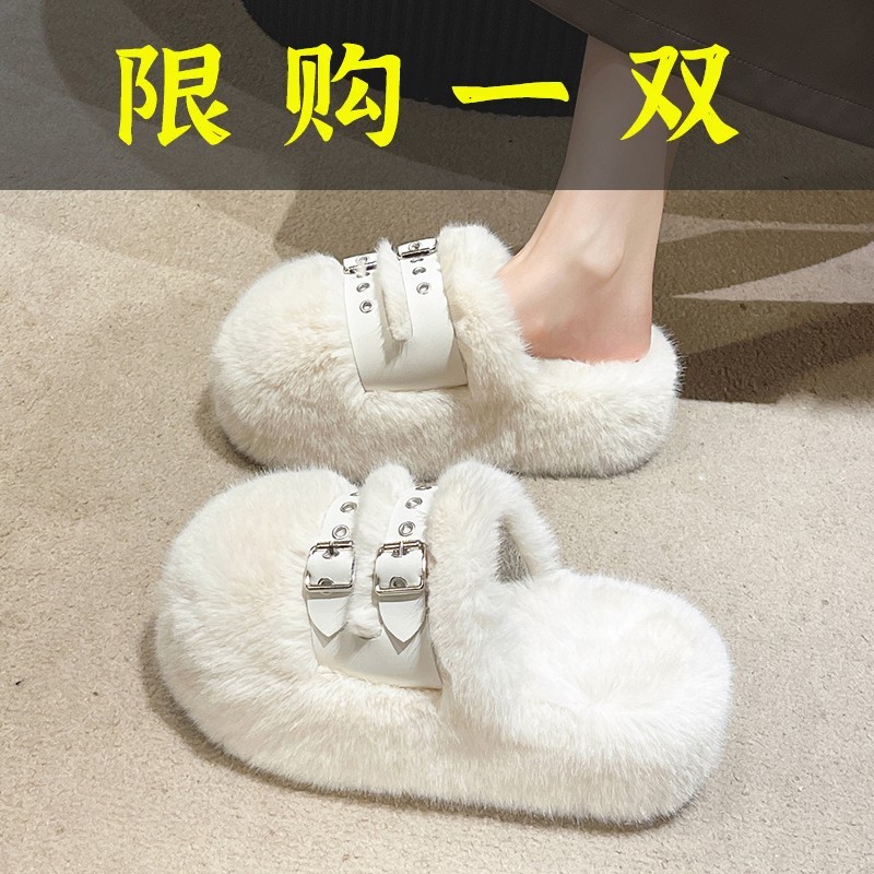 达芙妮沿荐厚底增高小个子皮带扣毛毛拖鞋女外穿2023秋冬季新款包