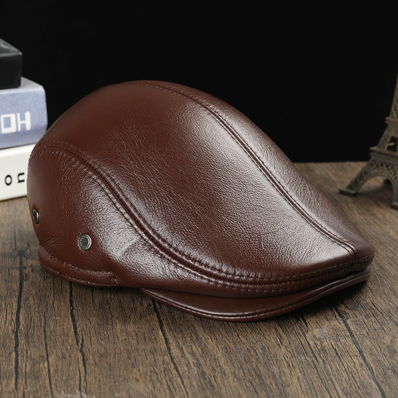 头层牛皮真皮帽子男休闲鸭舌前进帽秋冬护耳保暖中老年保暖棉帽