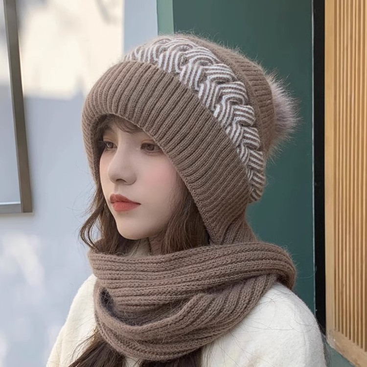 帽子围巾一体女韩版冬季保暖毛针织骑车护耳加绒可爱防寒围脖帽
