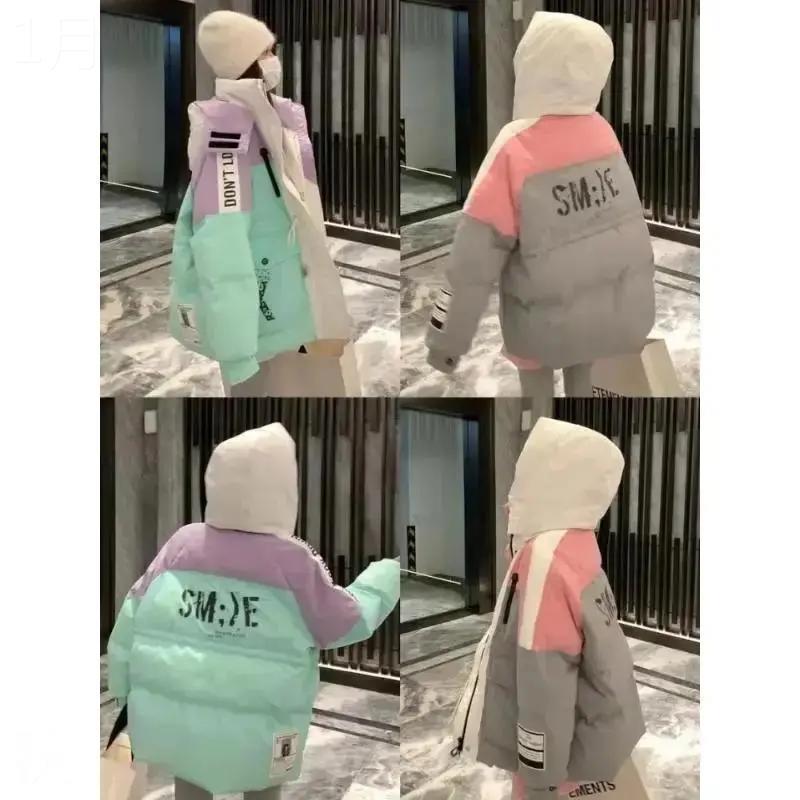 新款欧货时尚拼接撞色连帽羽绒服女士冬新款加厚宽松外套小