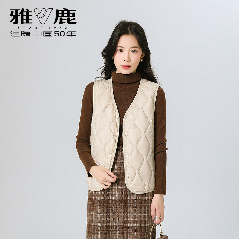 雅鹿2024新款轻薄羽绒服马甲女秋冬V领修身保暖背心时尚薄款内胆