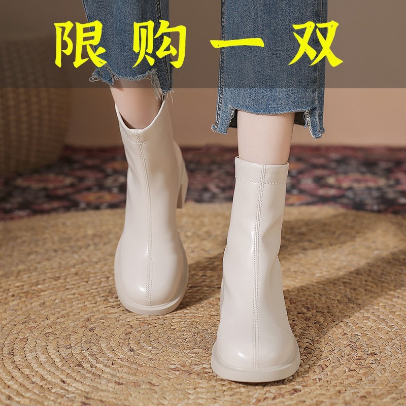 红蜻蜓牌法式小踝靴弹力瘦瘦马丁靴女2023新款春秋单靴粗跟高跟