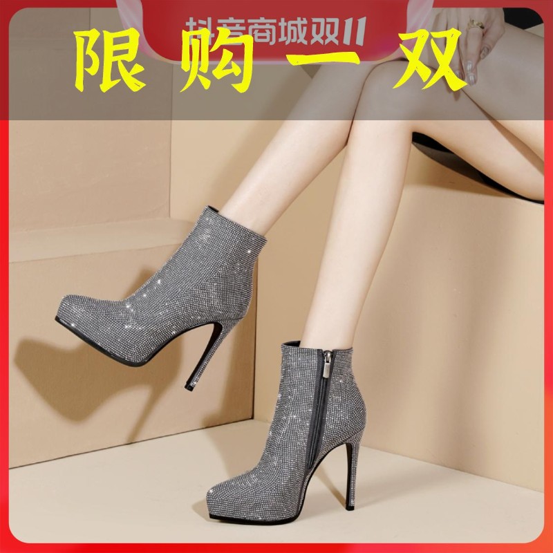 红蜻蜓牌秋冬时尚真皮高跟短靴女防水台法式水钻裸靴子细跟瘦瘦