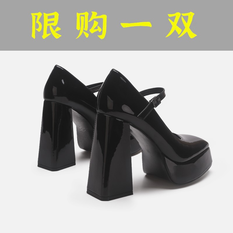 红蜻蜓牌12CM高跟鞋黑色玛丽珍女鞋2023夏季新款法式一字扣带粗