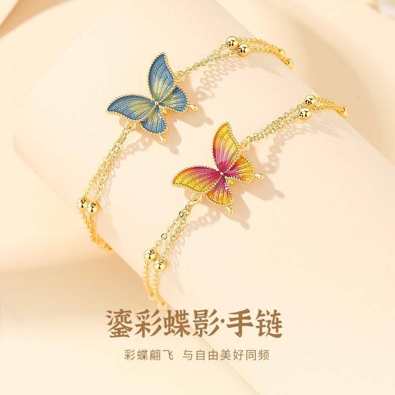 925银珐琅手链 女纯银气质网红蝴蝶结手链轻奢百搭古风仙女森系