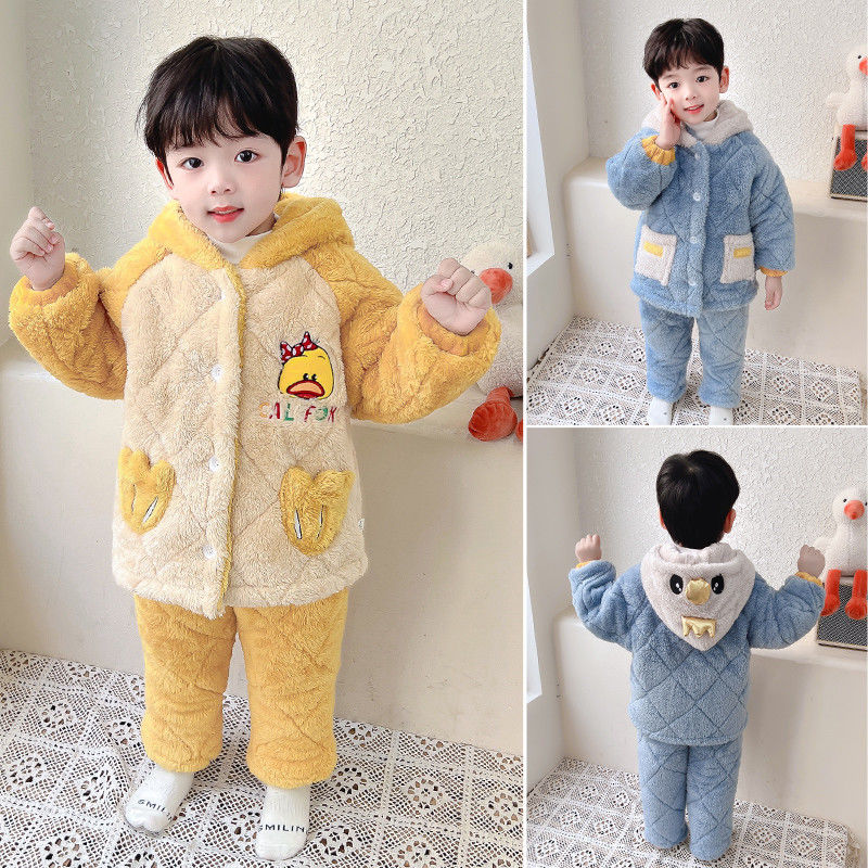 冬上新小黄鸭儿童睡衣冬季加厚款男童珊瑚绒男孩三层夹棉冬款加绒