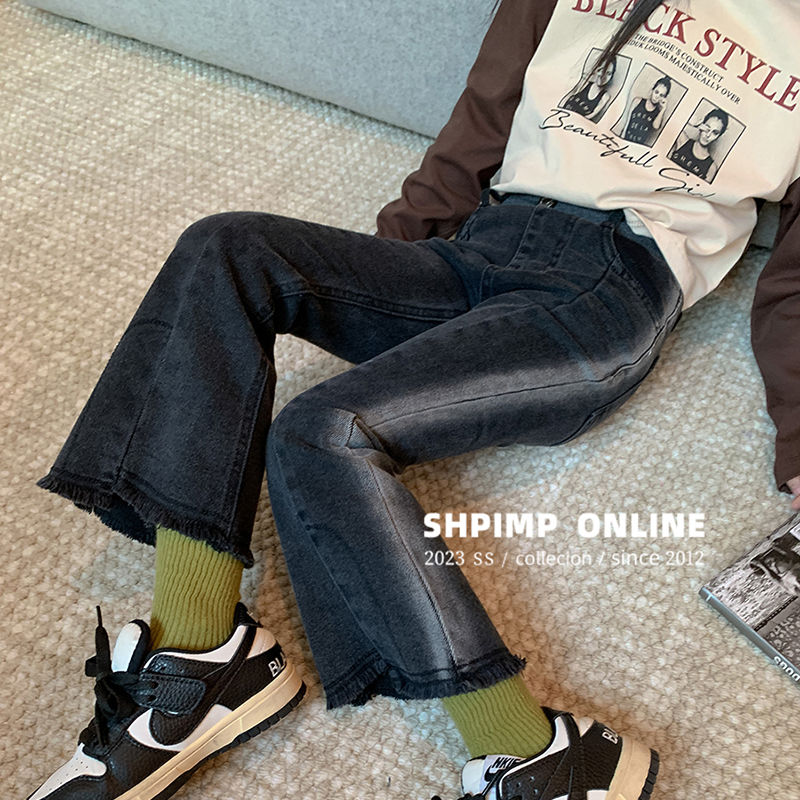 冬上新女童春季牛仔裤2023新款春秋洋气长裤毛边高腰修身百搭爆款