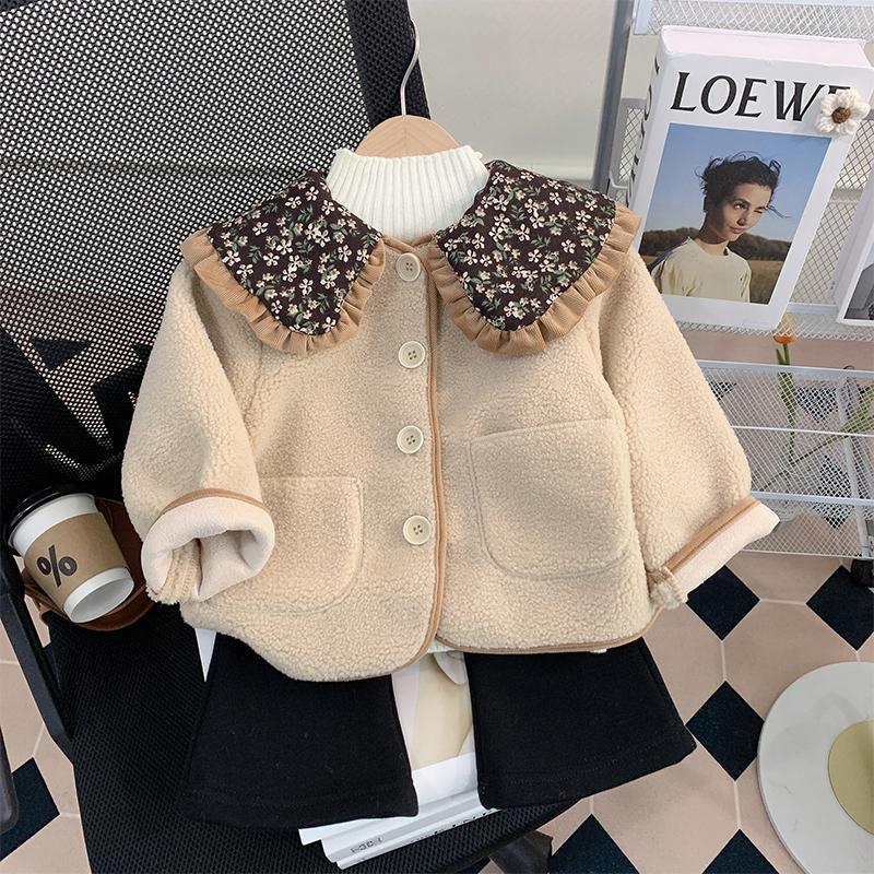 冬上新女童冬冬新款2023加厚外套碎花羊羔毛领女宝宝皮毛一体洋气