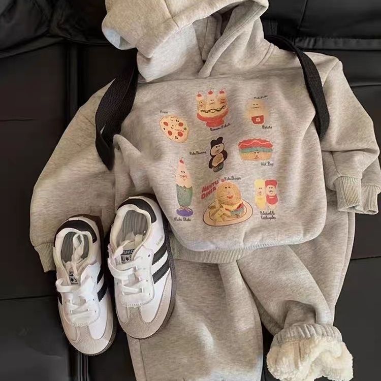 冬上新男女童套装韩国童装2023冬冬洋气卡通连帽卫衣加绒卫裤儿童