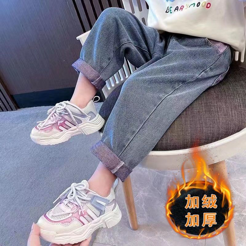 冬上新儿童一体绒牛仔裤冬装2023新款男女童宽松百搭加绒加厚休闲