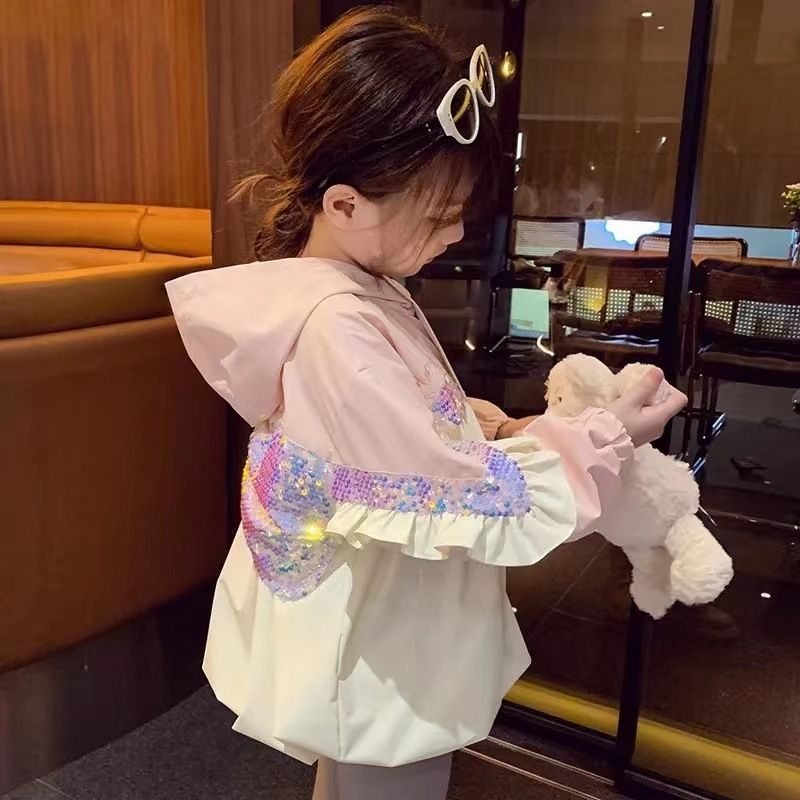 冬上新韩版女童外套2023新款秋装儿童洋气夹克小女孩亮片蝴蝶结花