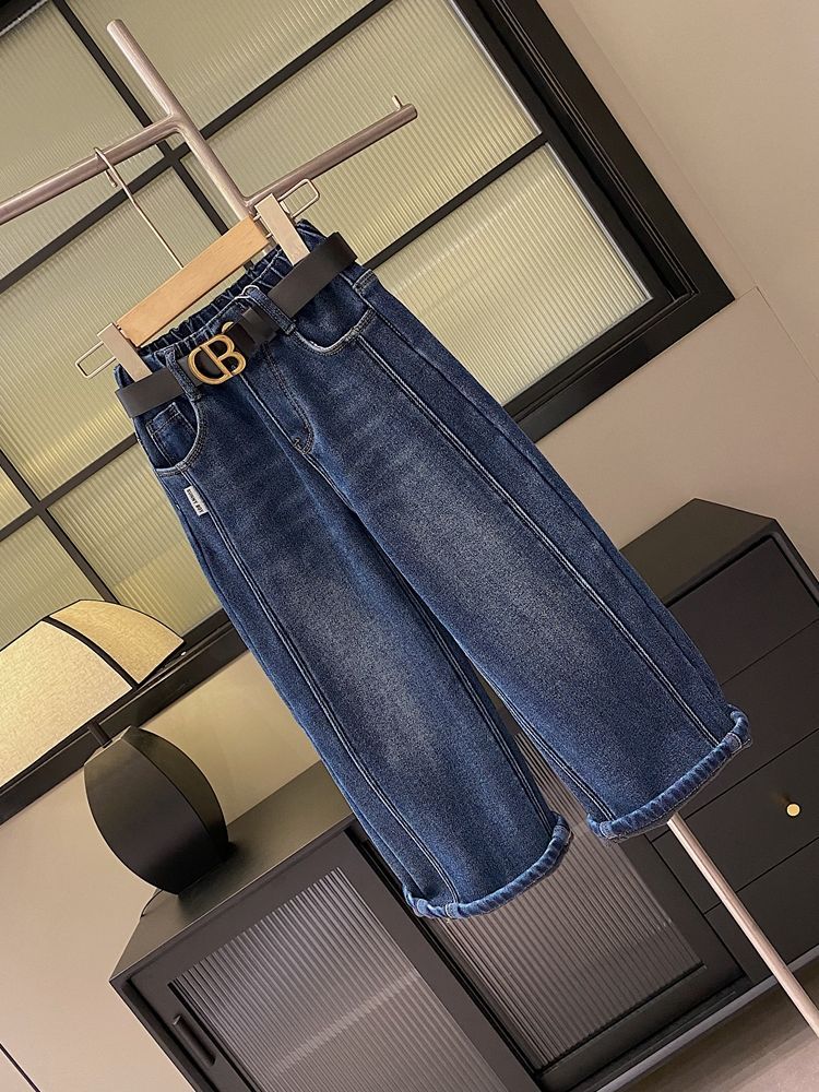 冬上新女童加绒牛仔裤冬冬款2023新款中大童加厚保暖宽松直筒阔腿